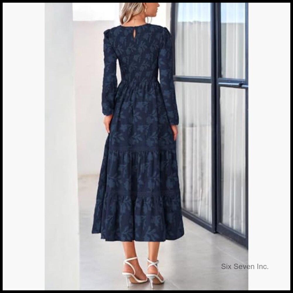 Long Sleeve Smocked Midi Dress Floral Boho Flowy Wedding Guest - Picture 2 of 7
